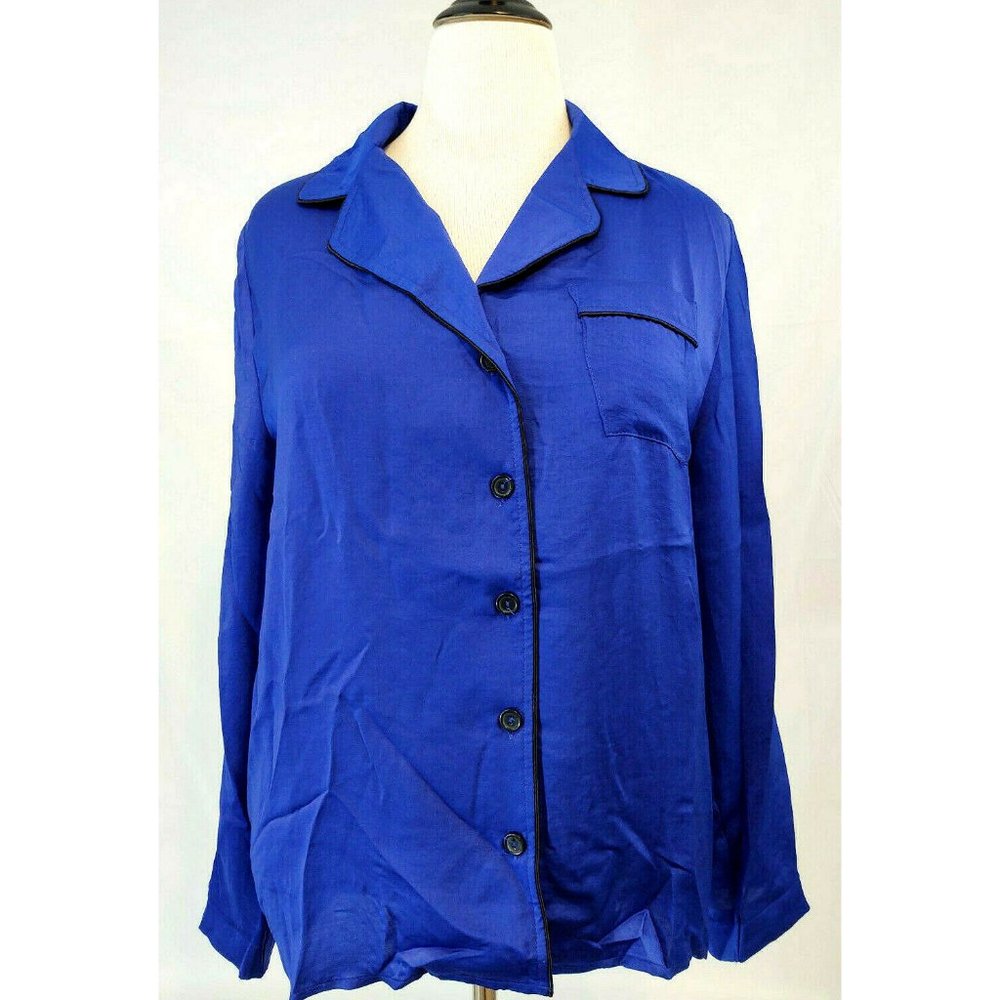 Womens Large Tipped Satin Button Up Pocket Blue